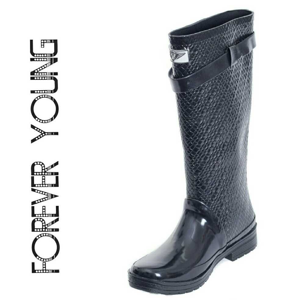 Women's Rainboots, Rubber Tall Quilted Rain Boots, RB-1533, Black